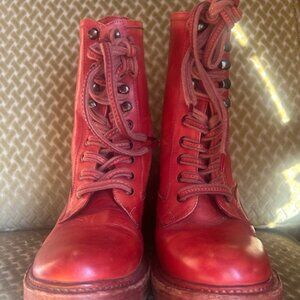 Free People Distressed Red Leather Santa Fe Lace Up Zip Back Combat Boots